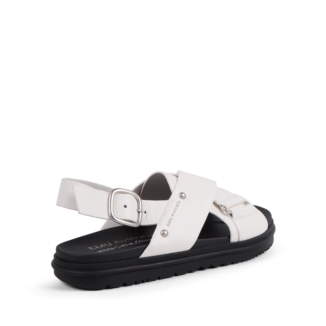EMU Australia Faye Coconut white leather crossover buckle sandal heel side view.