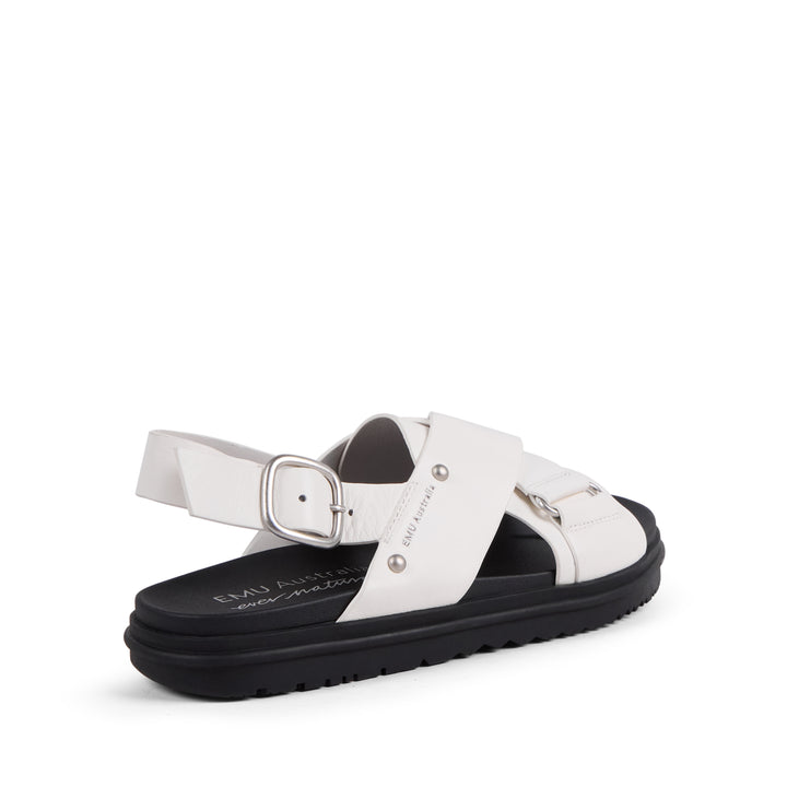 EMU Australia Faye Coconut white leather crossover buckle sandal heel side view.