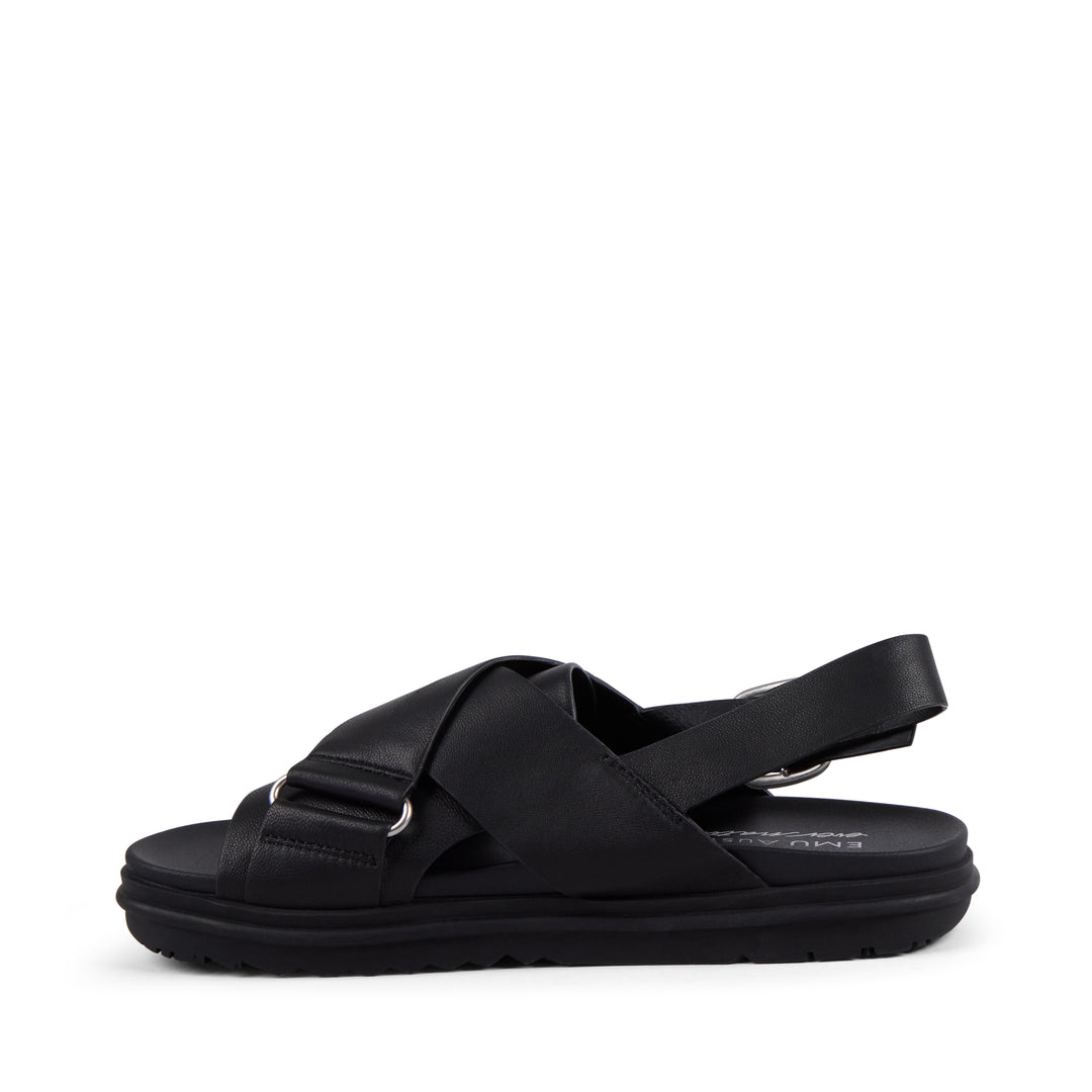 EMU Australia Faye Black leather crossover buckle sandal inner side view.