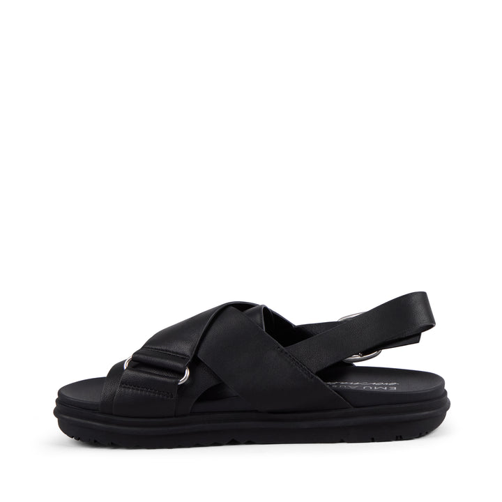 EMU Australia Faye Black leather crossover buckle sandal inner side view.