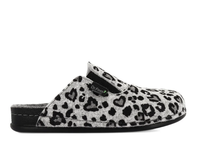 Dr Feet Harriet Slipper in Snow Leopard print wool blend, side view