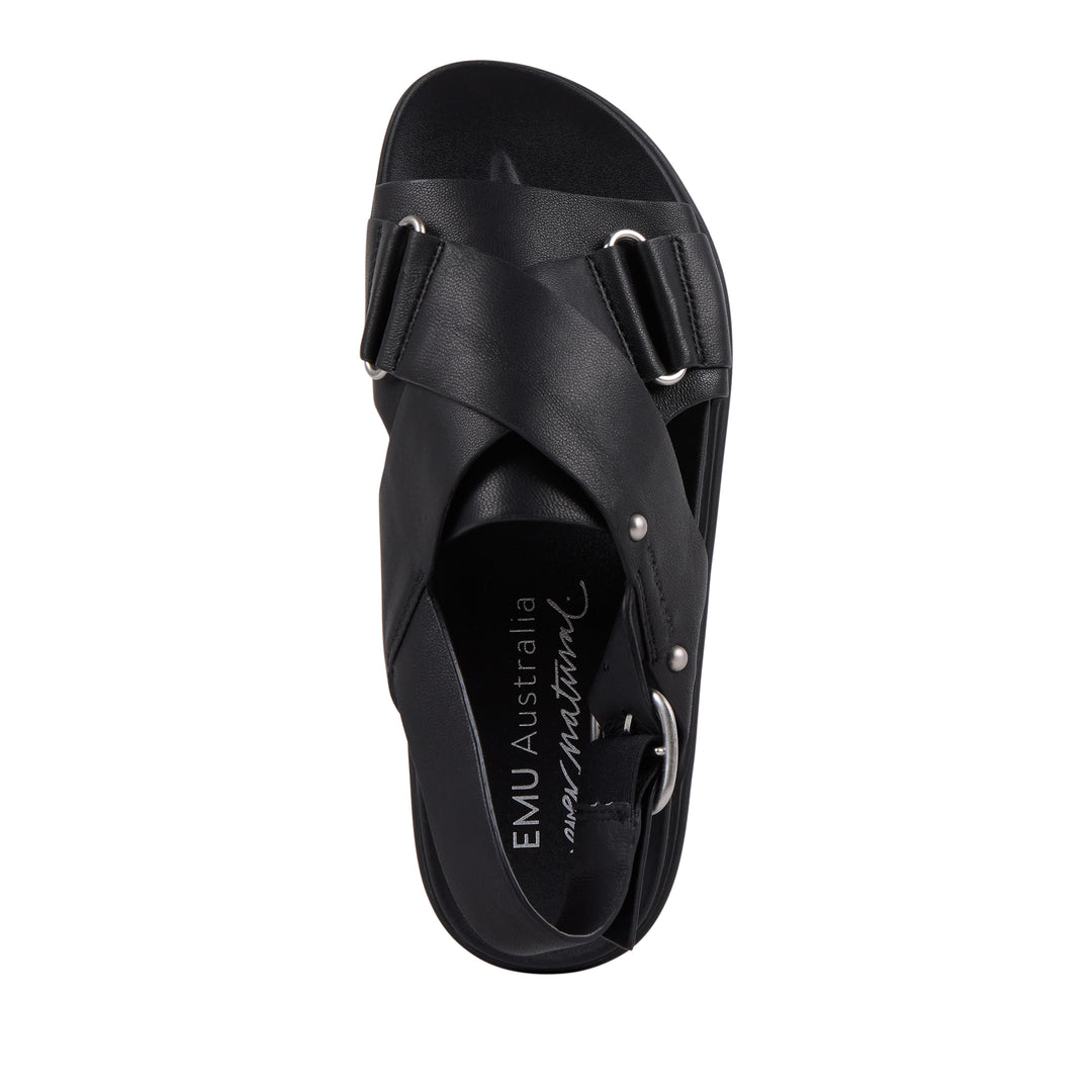 EMU Australia Faye Black leather crossover buckle sandal top view.