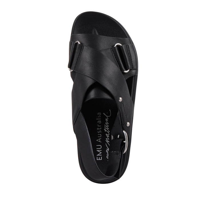 EMU Australia Faye Black leather crossover buckle sandal top view.