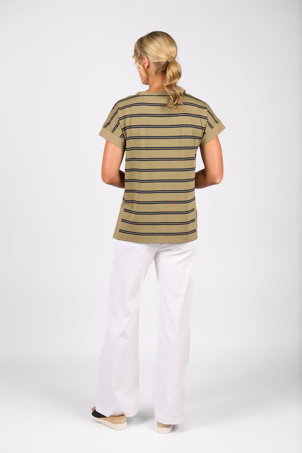 Vassalli | Drop Sleeve Top - Sage Stripe - Back View