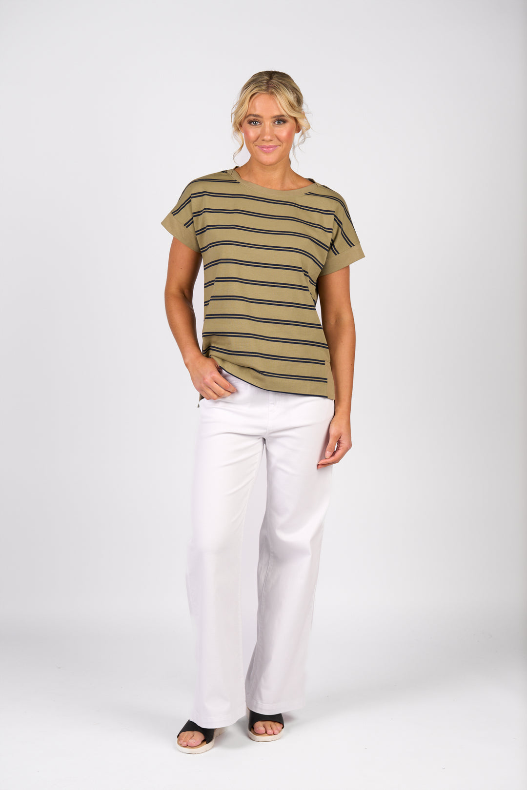 Vassalli | Drop Sleeve Top - Sage Stripe - Front View