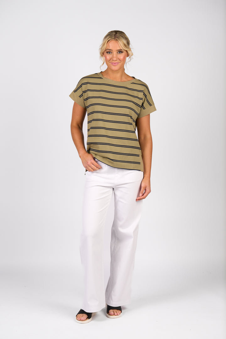 Vassalli | Drop Sleeve Top - Sage Stripe - Front View