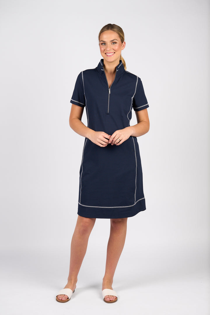 Vassalli Short Sleeve Contrast Stitch Dress Ink - Front View