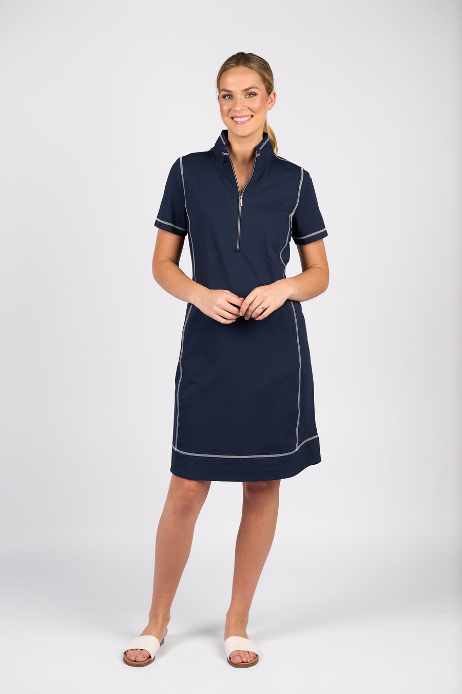 Vassalli Short Sleeve Contrast Stitch Dress Ink - Front View