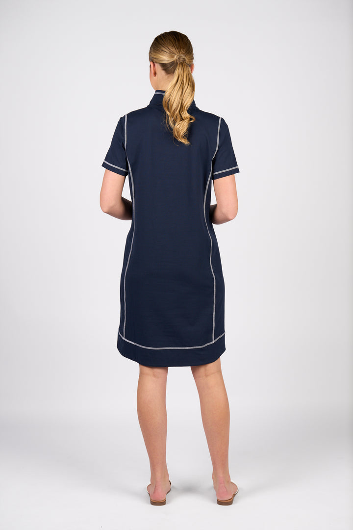 Vassalli Short Sleeve Contrast Stitch Dress Ink - Back View