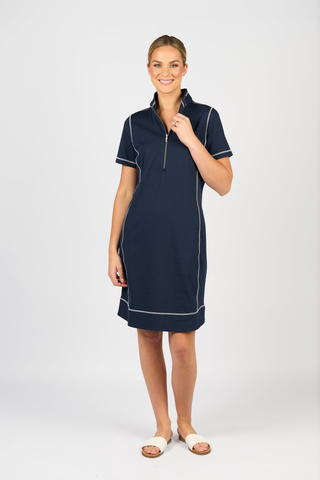 Vassalli Short Sleeve Contrast Stitch Dress Ink - Pose