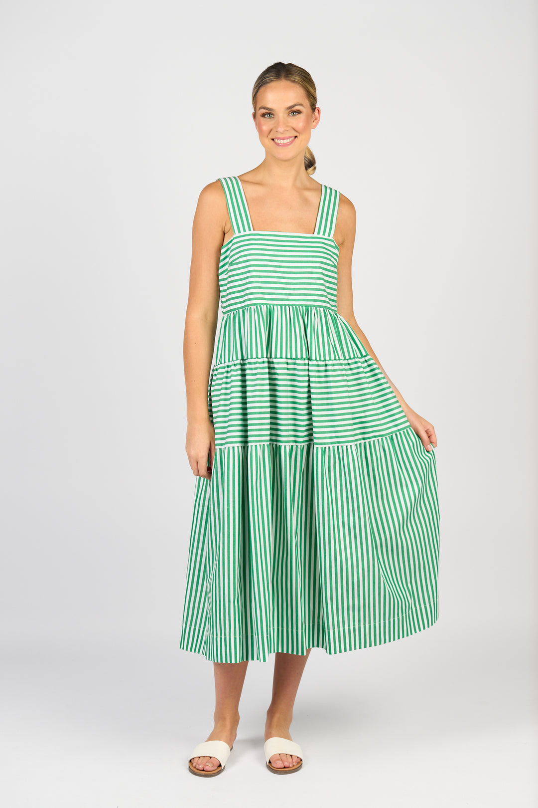 Vassalli Sleeveless Tiered Dress Clover Stripe Posing 