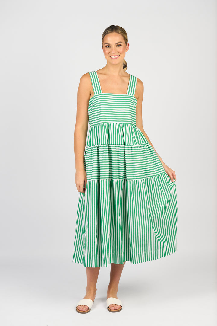 Vassalli Sleeveless Tiered Dress Clover Stripe Posing 