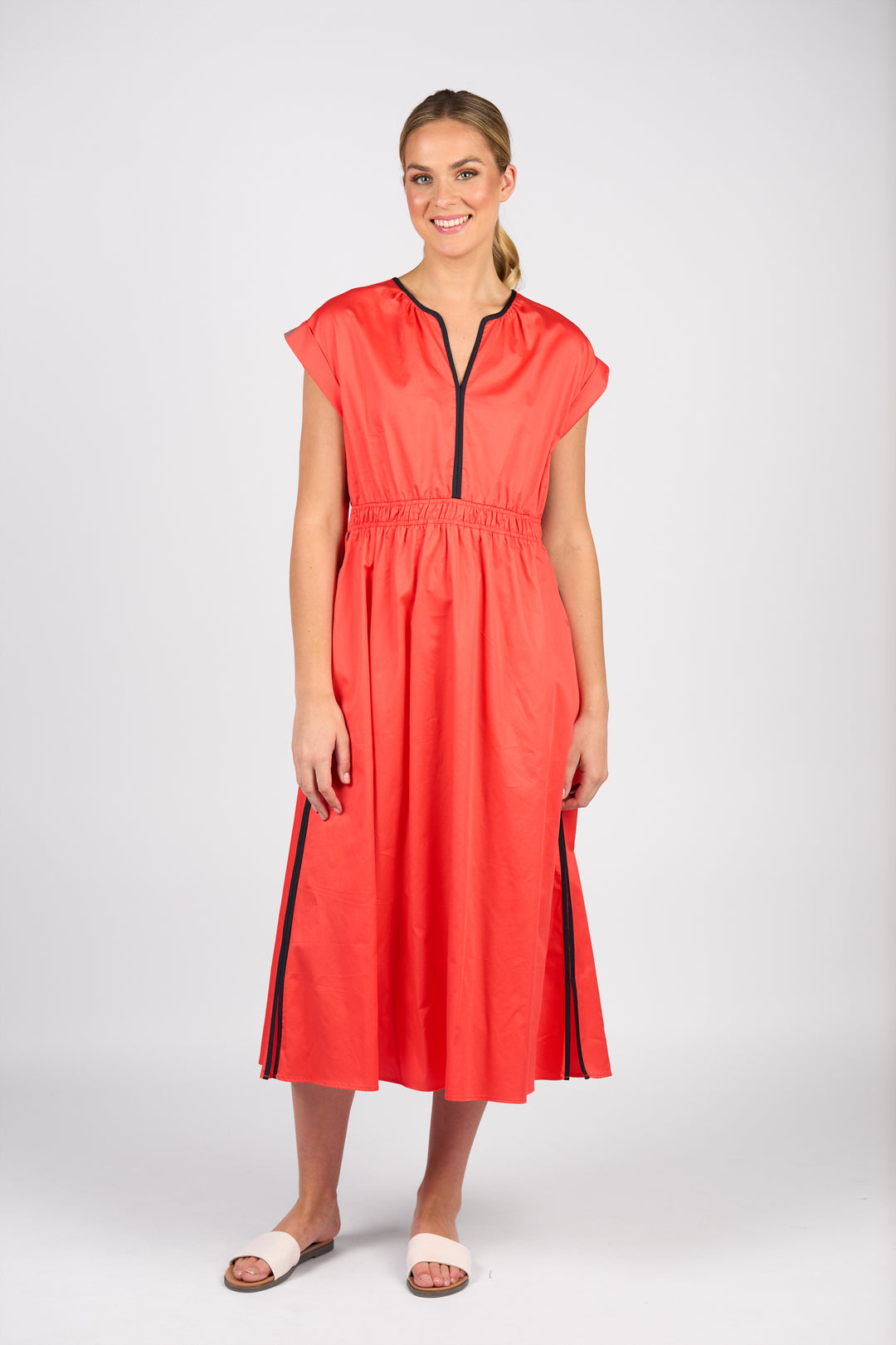 Vassalli V Neck Shirred Waist Dress Aperol and Ink - Front