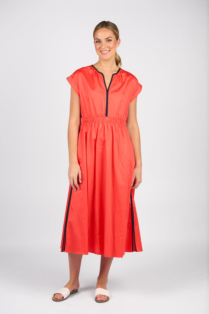 Vassalli V Neck Shirred Waist Dress Aperol and Ink - Front