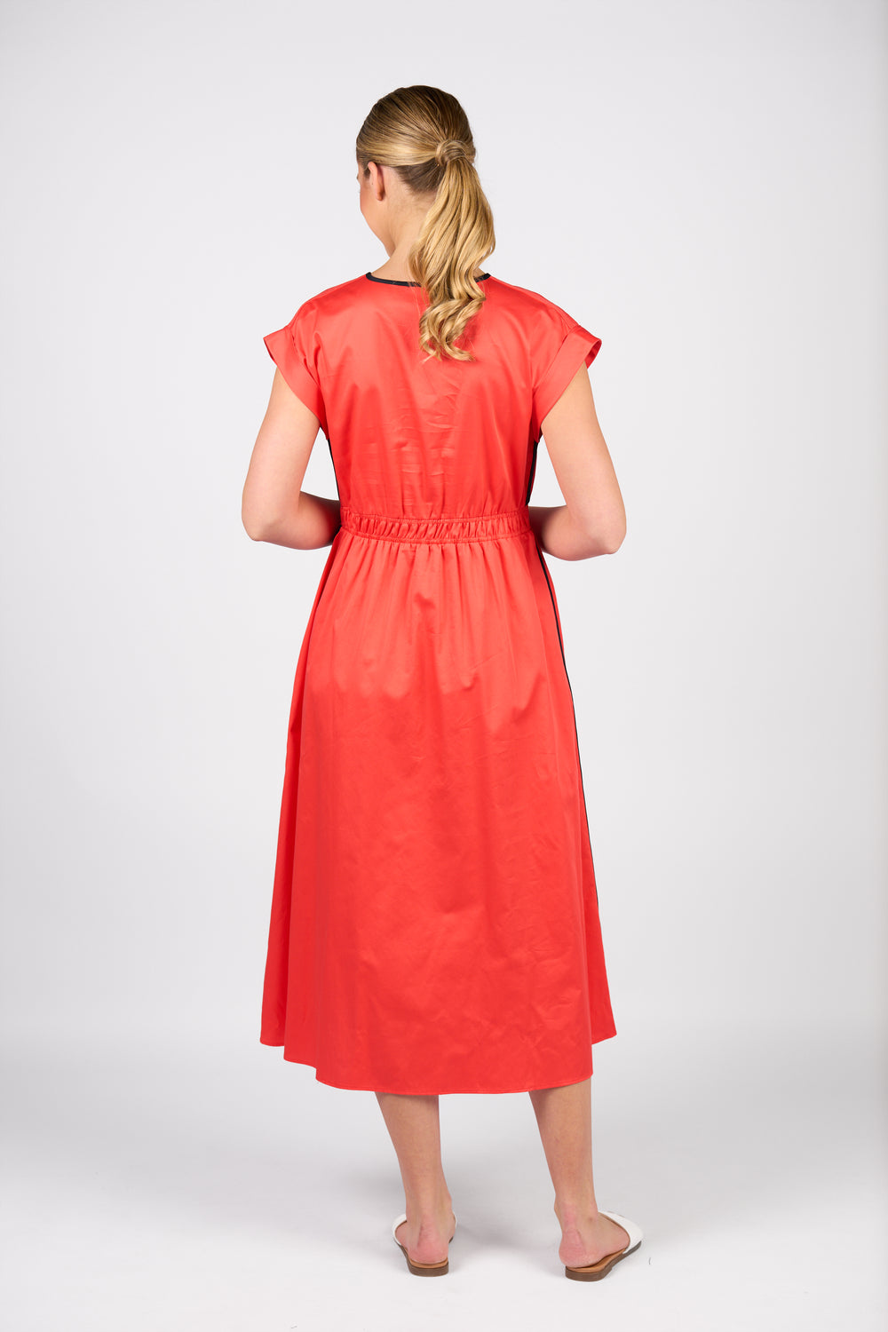 Vassalli V Neck Shirred Waist Dress Aperol and Ink - Back View