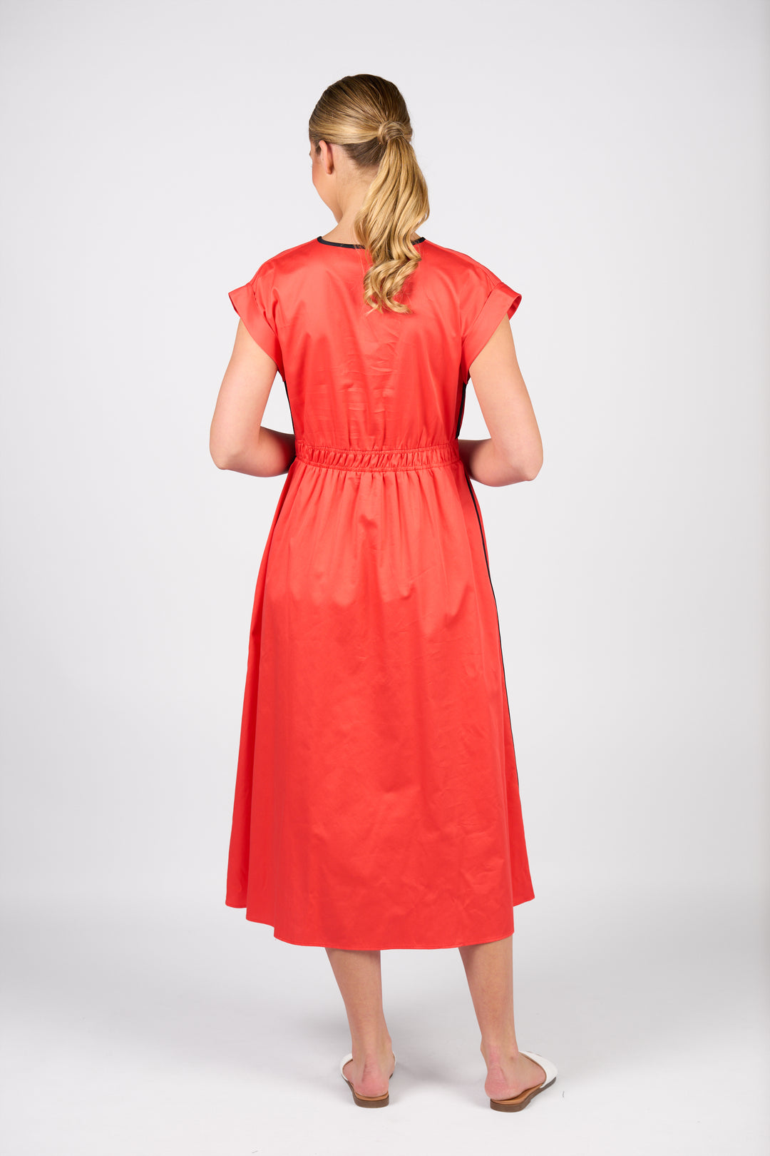 Vassalli V Neck Shirred Waist Dress Aperol and Ink - Back View