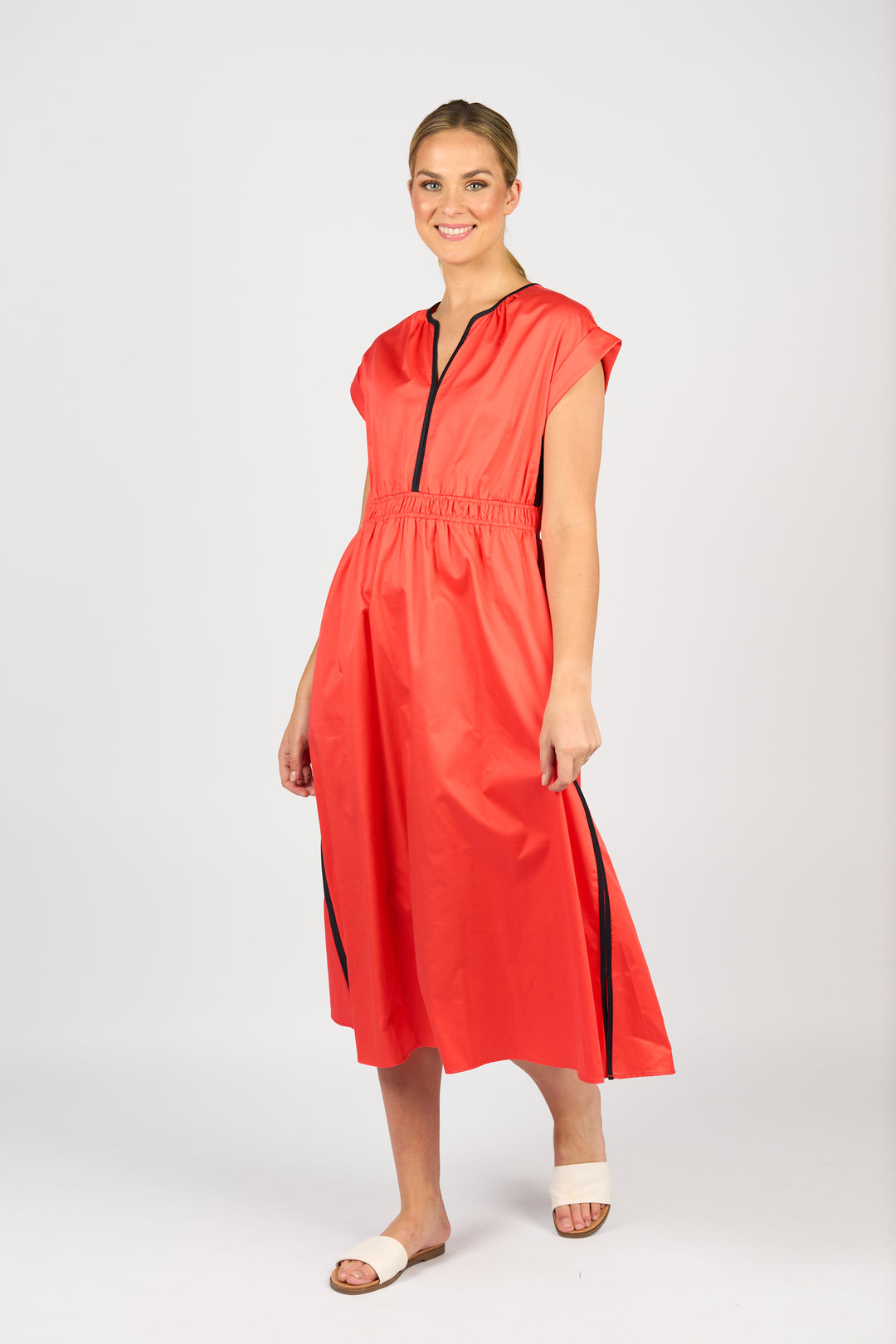 Vassalli V Neck Shirred Waist Dress Aperol and Ink - Side View