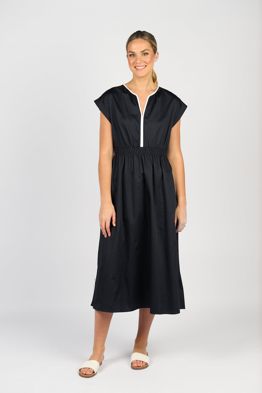 Vassalli V Neck Shirred Waist Dress Ink - Front 2