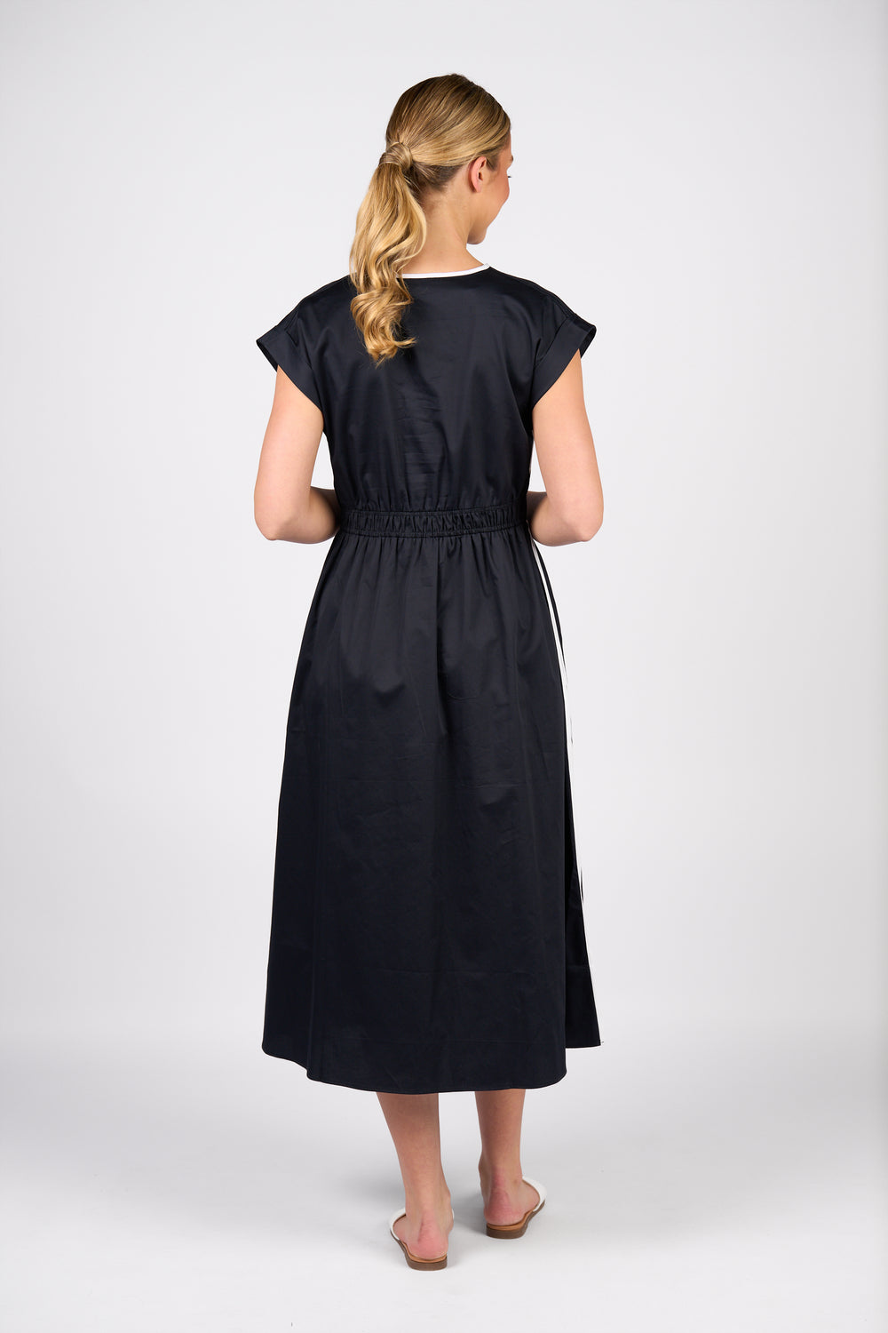 Vassalli V Neck Shirred Waist Dress Ink - Back