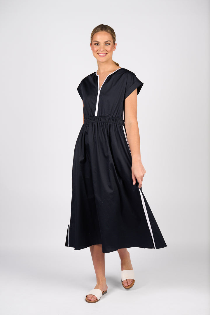 Vassalli V Neck Shirred Waist Dress Ink - Front