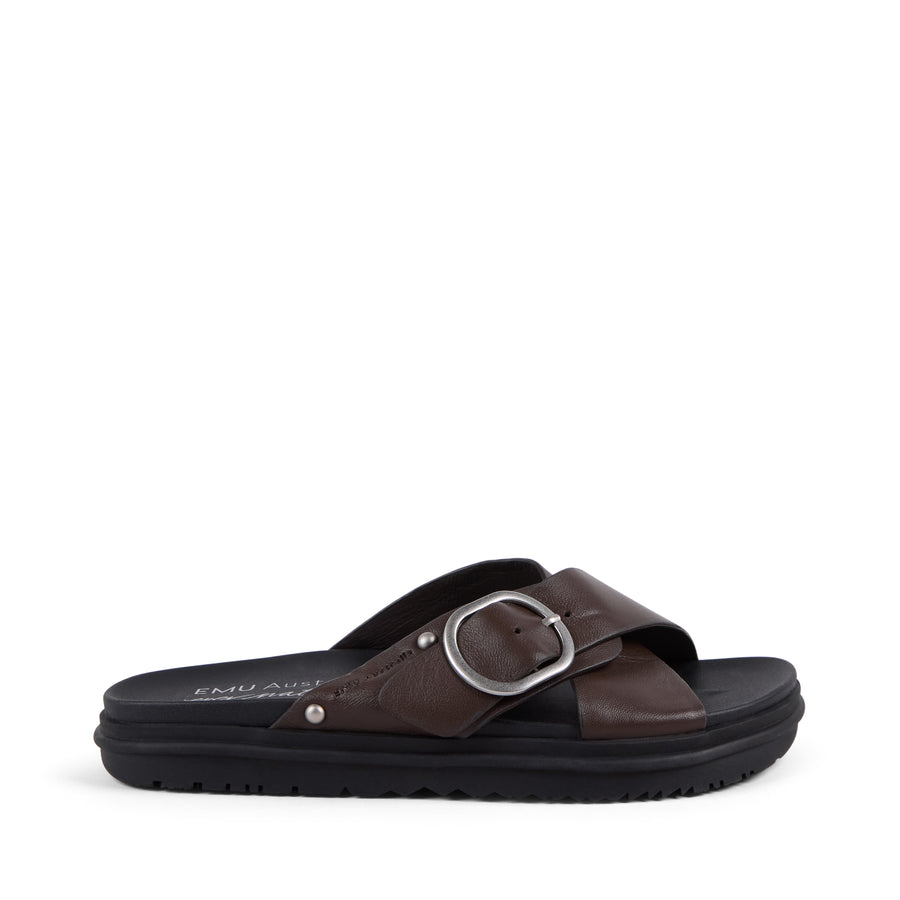 EMU Australia Ebony brown leather crossover buckle slide sandal side view.