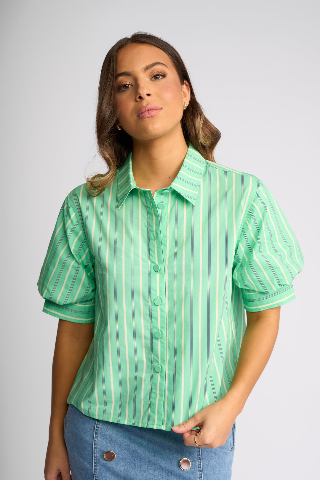 Titan Puff Sleeve Shirt - Mint Stripe