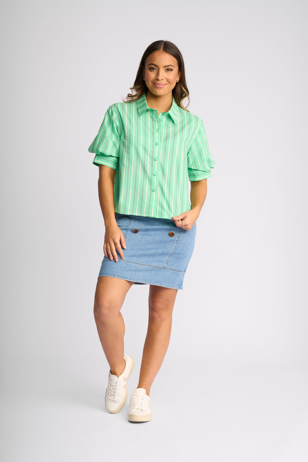 Titan Puff Sleeve Shirt - Mint Stripe