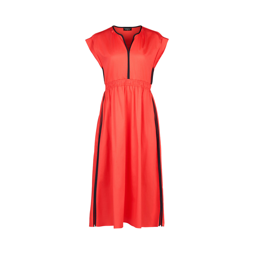 Vassalli | V Neck Shirred Waist Dress - Aperol/Ink