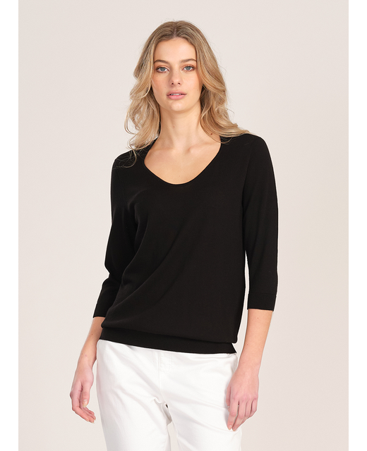 Optimum Knitwear 3/4 Sleeve Diamond Neck Top - Black - Women's Clothing ...